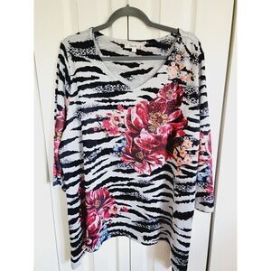 Soleillee 2X Multicolor‎ Floral Long Sleeve Top Blouse Animal Print Beaded
